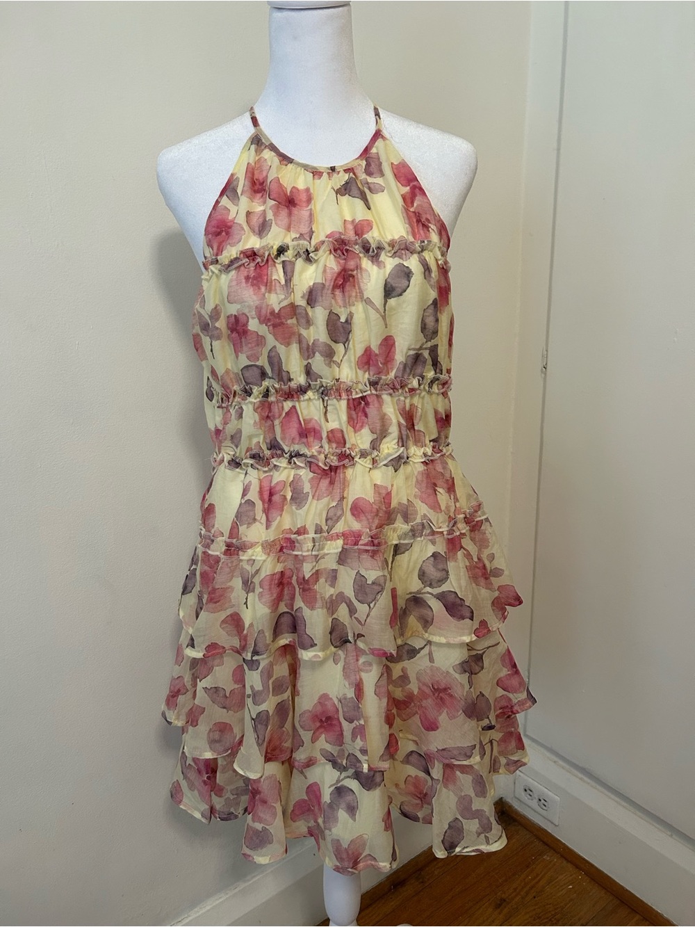 Together Yellow Floral Halter Tiered Mini Dress with Pink Accents